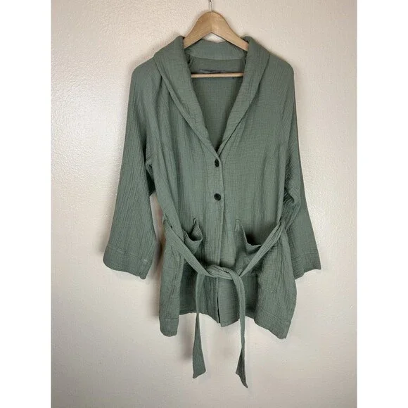Raquel Allegra Jacket S Green Gauze Blazer Shawl Collar Lagenlook Kimono Cotton - Picture 2 of 5